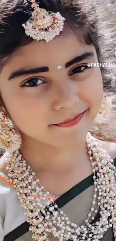 Young girl in traditional attire with ornate jewelry and a gentle smile.