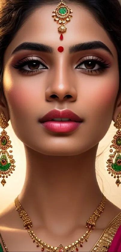 Portrait of a woman with elegant ethnic jewelry in rich vibrant colors.