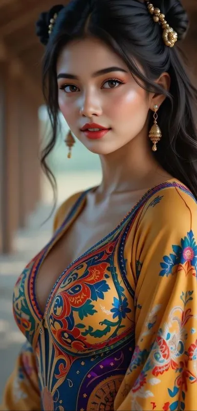 Elegant portrait of a woman in traditional ethnic attire with vibrant patterns.