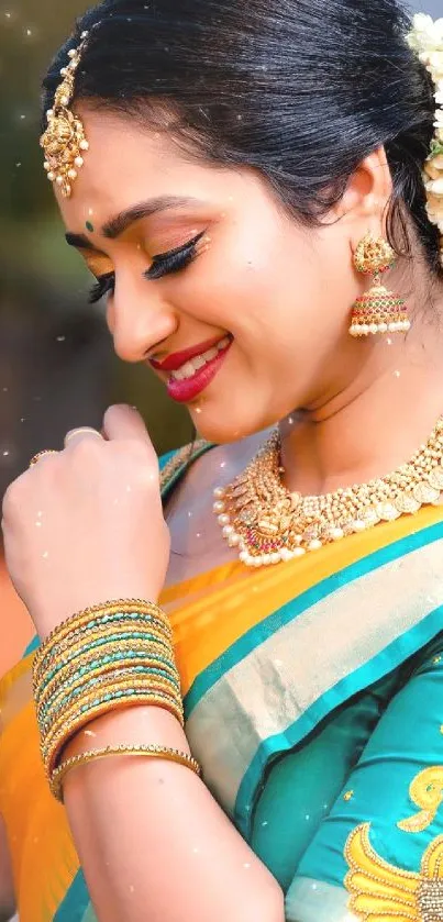 Elegant ethnic portrait with traditional attire and jewelry on a vibrant background.