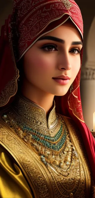 Elegant ethnic portrait with gold and red attire, holding a lantern.