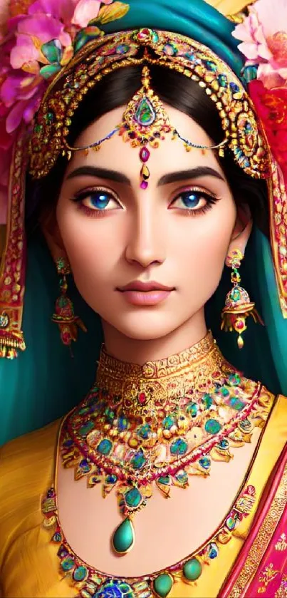 Elegant ethnic woman with jewelry in vibrant colors.