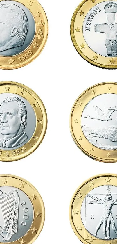 Euro coins with golden edges on display for a mobile wallpaper.