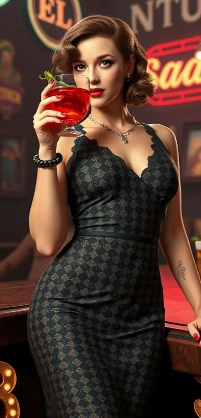 Elegant woman at chic bar with cocktail glass.