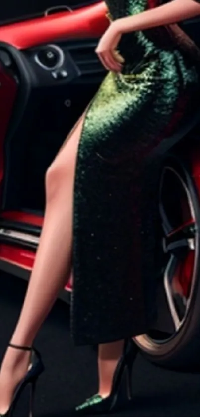 Elegant woman in a shimmering dress by a crimson car.