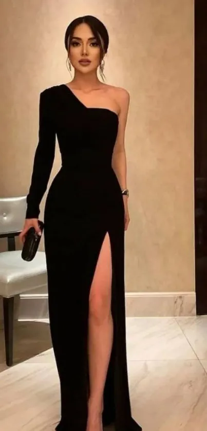 Elegant woman in a black evening gown with a chic, sophisticated style.