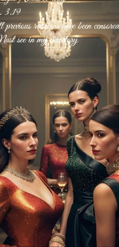 Women in elegant gowns in a luxurious setting.