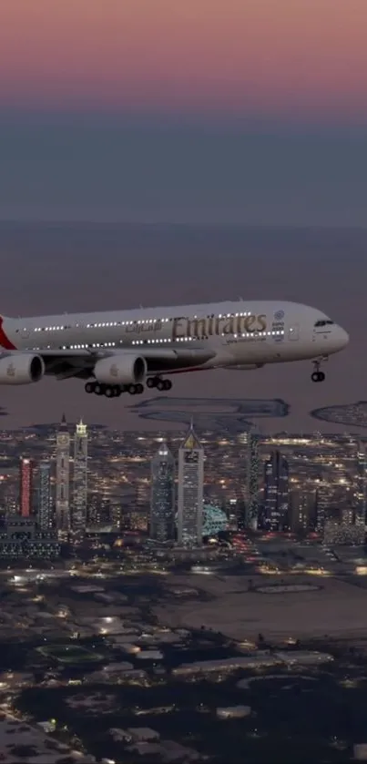 Emirates plane flying over city skyline at sunset.