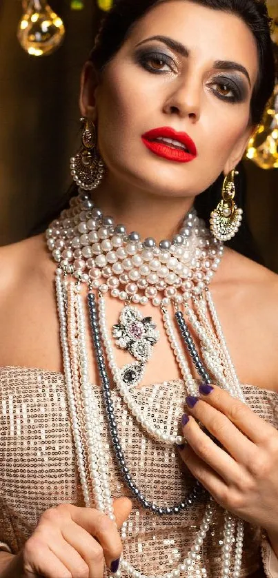 Elegant woman in glamorous attire and jewelry with evening lighting.
