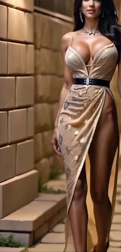 Elegant lady in a chic evening gown walking.