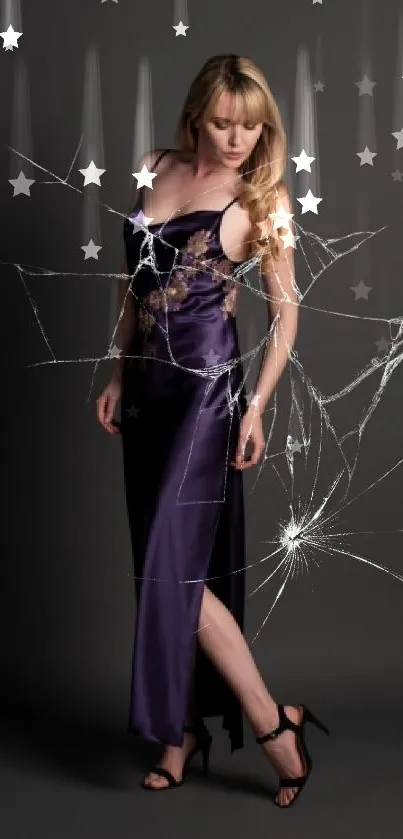 Woman in a dark purple evening gown on a sophisticated dark background.