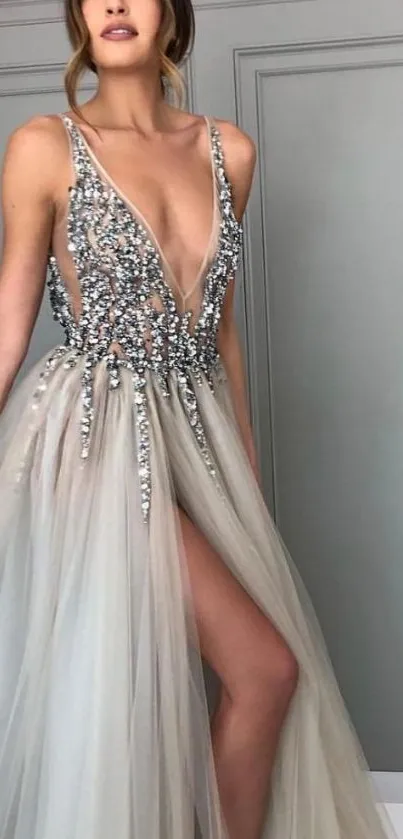 Elegant woman in a beaded evening gown.