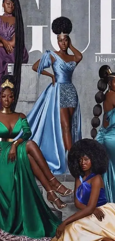Five elegant women in vibrant dresses showcase modern fashion and elegance.
