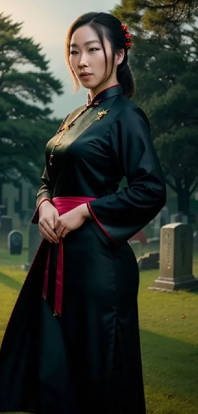 Woman in traditional attire with a tranquil graveyard backdrop.