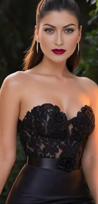 Woman in elegant black lace dress posing stylishly.