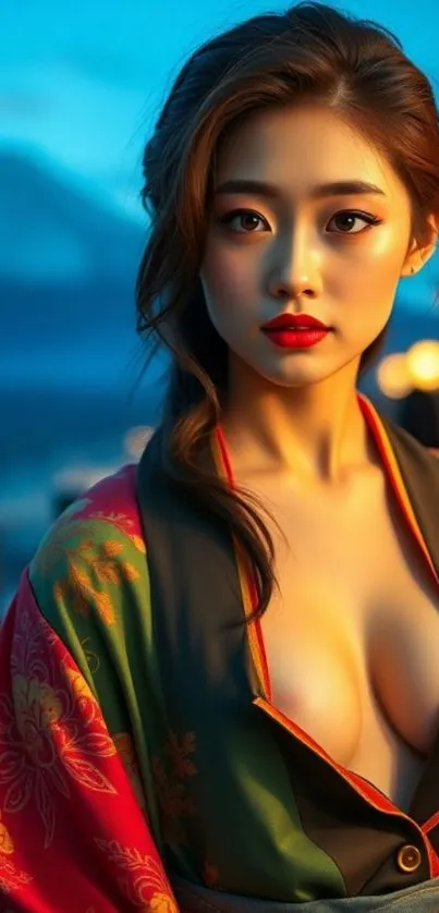 Elegant evening portrait wallpaper with vibrant hues