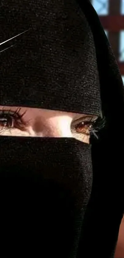 Mysterious eyes peering through a black hijab in an elegant digital portrait.