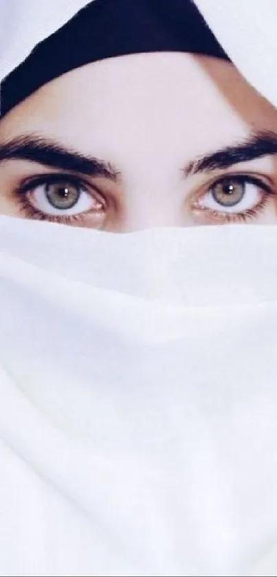 A close-up of expressive eyes framed by a white veil.