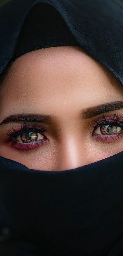 A mysterious close-up portrait of veiled eyes.