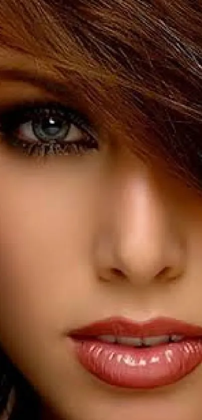 Close-up of an elegant face with striking features and warm brown tones.