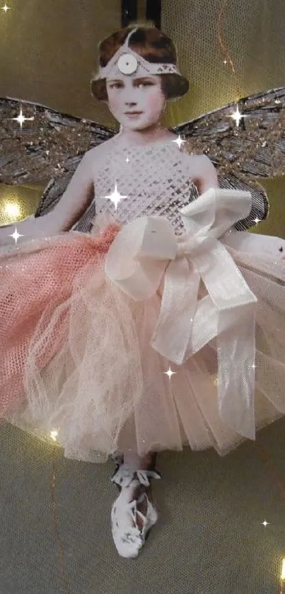 Vintage-style fairy with wings and blush pink tutu.