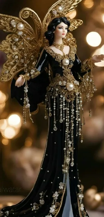 Elegant fairy doll with black and gold detailed dress, perfect for mobile wallpaper.
