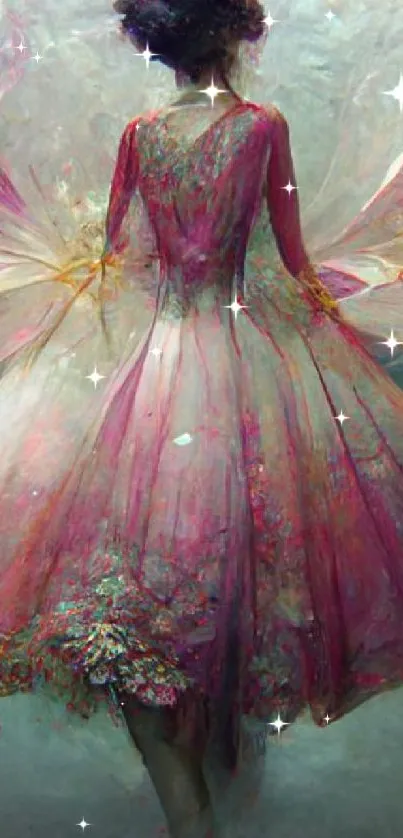 Elegant woman with pink petal wings in fantasy world, stunning visual art.