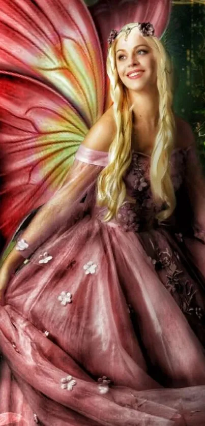 Fairy with pink wings in a mystical forest.