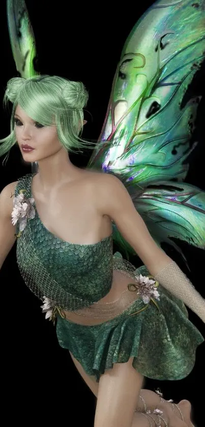 Magical fairy with iridescent wings on a dark background.