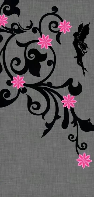 Elegant floral design with fairy silhouette on grey background.