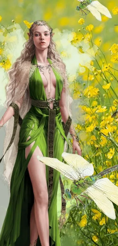 Elegant fairy in green dress with yellow flowers and dragonflies.