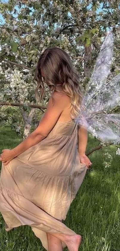 Fairy in a flowing dress surrounded by blossoming nature.