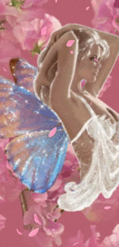 Fairy with blue wings amid pink flowers.