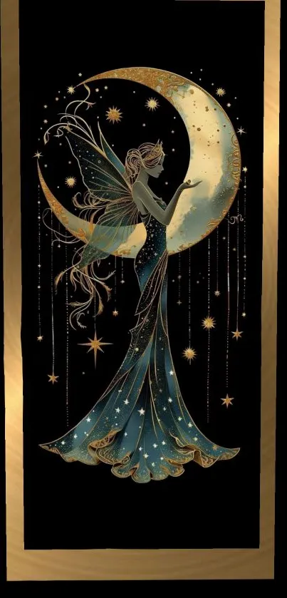 Illustrated fairy on a crescent moon.