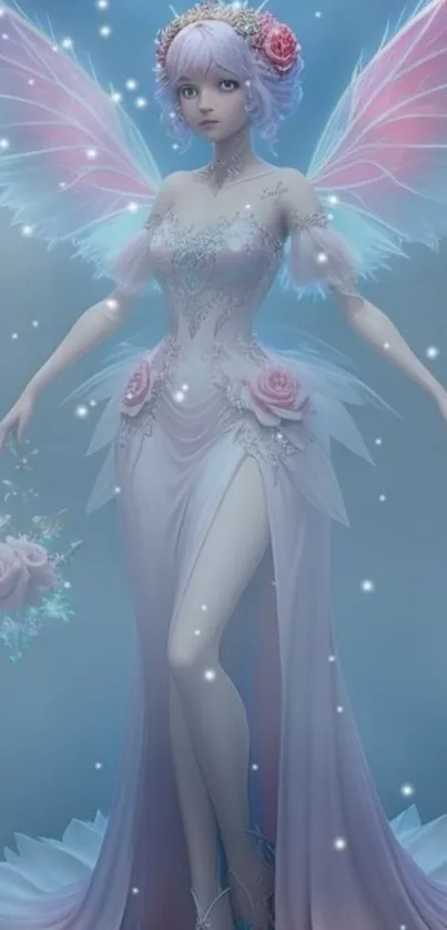 Elegant fantasy art of a fairy princess with pastel wings and a floral dress.