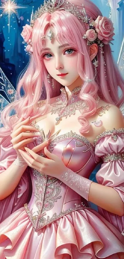 Enchanting fairy princess in pink gown with intricate details and magical background.