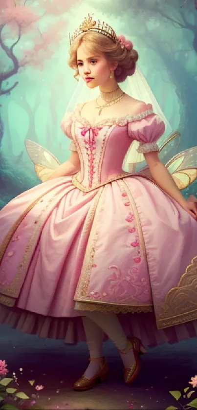 Fairy princess in pink gown in a magical forest background.