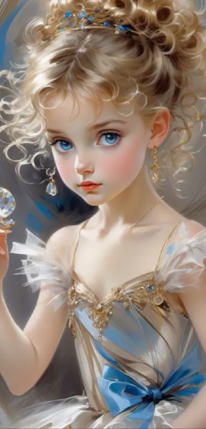 Elegant fantasy style artwork of a girl with a crystal orb and blue accents.