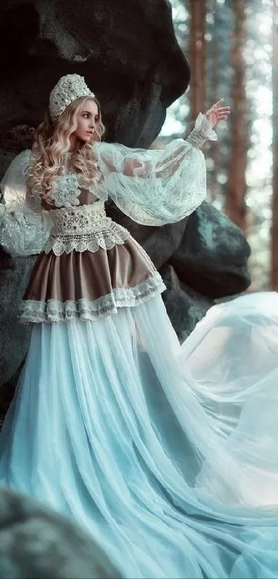 Elegant woman in flowing dress in mystical forest.