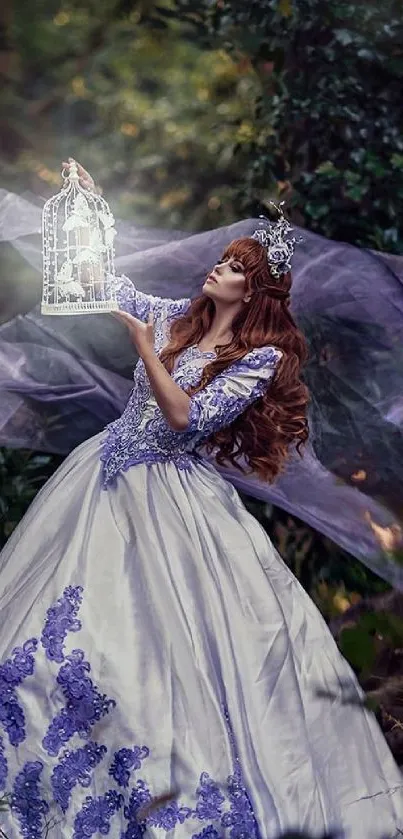 Elegant fairy tale princess in a magical forest, wearing a purple gown and holding a cage.