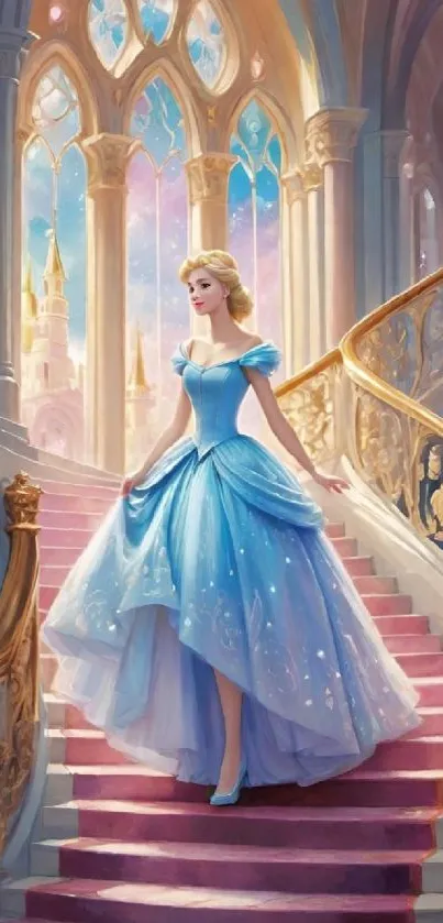 Princess in blue gown descends ornate staircase in a castle.