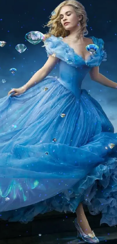 A captivating princess in a flowing blue gown, creating an enchanting mobile wallpaper.