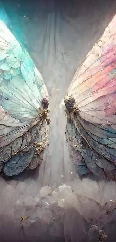 Elegant fairy wings in pastel colors on mobile wallpaper.