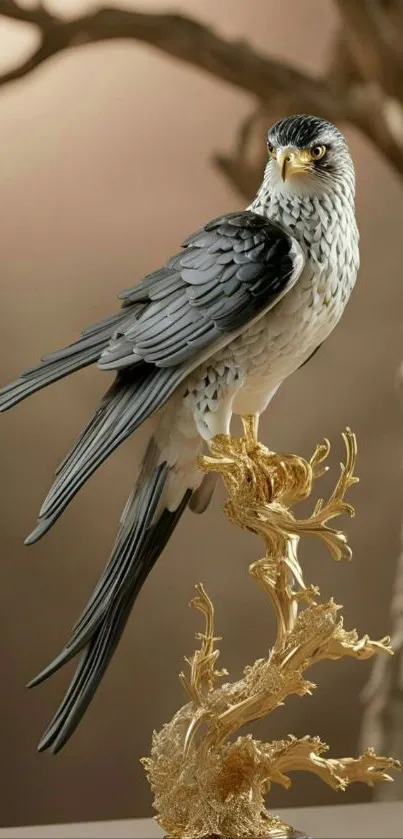 Beautiful falcon perched on a golden textured branch in artistic setting.