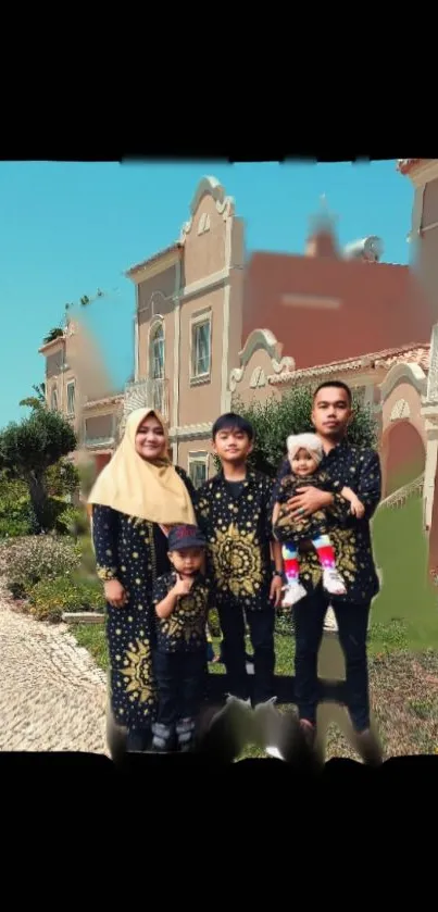 Family portrait in cultural attire outdoors with a scenic building backdrop.