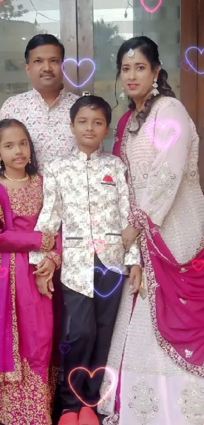 Family posing in elegant traditional attire.