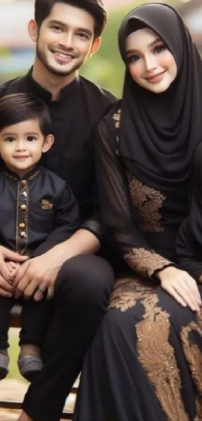 Elegant family portrait with traditional attire and smiling faces.