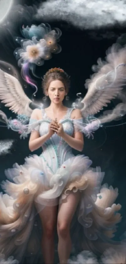 Fantasy angel with wings in a celestial, dreamy setting under the moonlight.