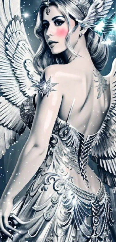 Fantasy angel with silver wings and gown, mystical art.