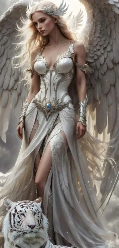 Fantasy angel with wings and a white tiger mobile wallpaper.